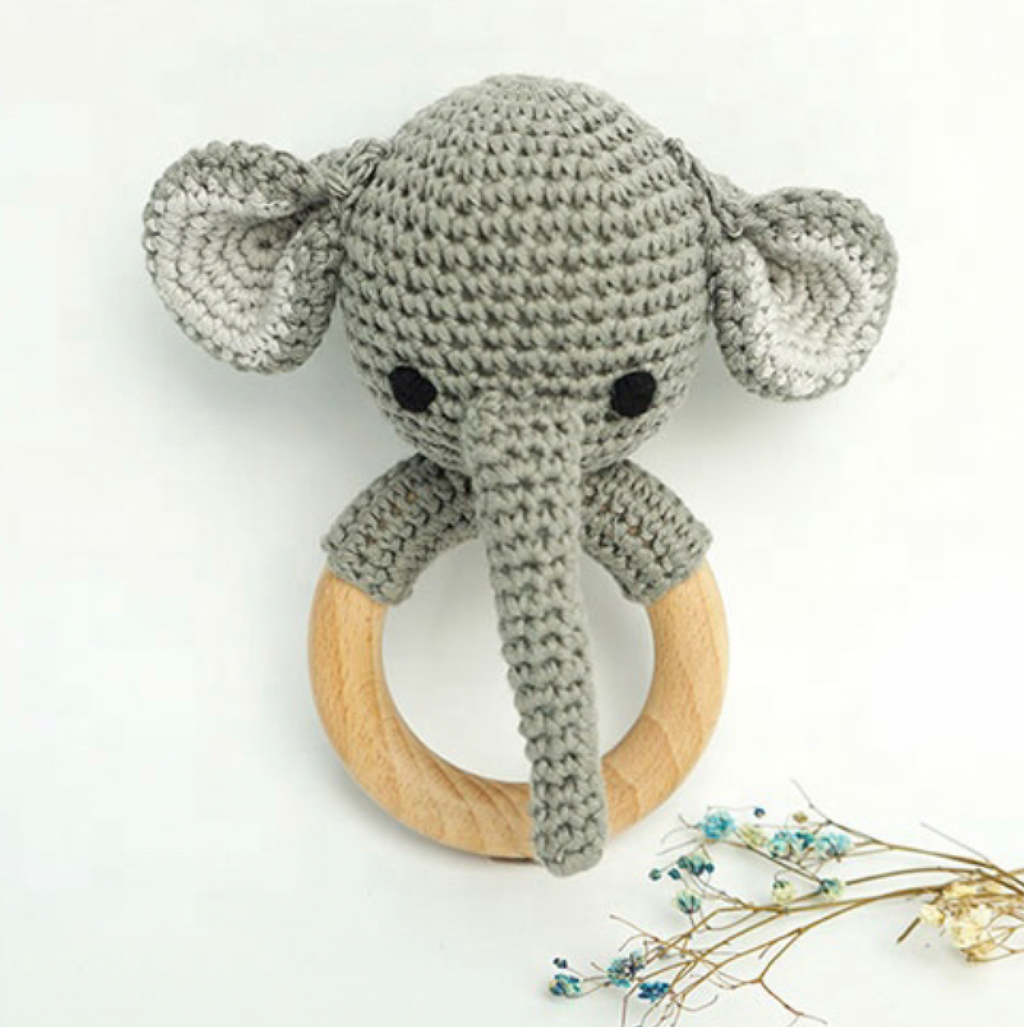 Handmade Organic Cotton Rattle Ring Teether · Elephant Design · Grey body with Black Features